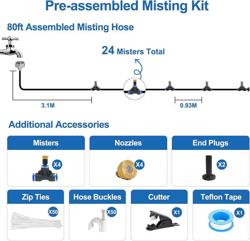 POCKET PANDA Pre-Assembled Misters for Outside Patio,Outdoor Water Misting Cooling System,80FT|24M.Backyard Mist Kit for Garden,Greenhouse,Deck,Umbrella,Canopy,Pool,Porch.Trampoline Sprinkler,Party Accessories - Image 3